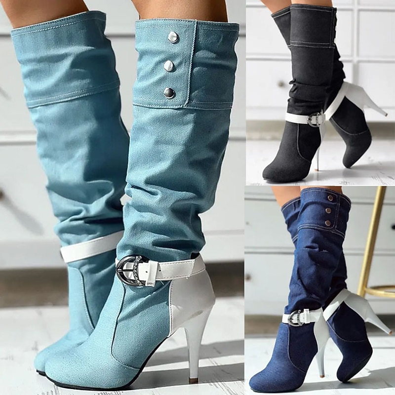 Women's Light Blue Denim Stiletto Boots – Buckle Strap High Heel Slouch Boots with White Trim for Fashion Street Style and Night Out