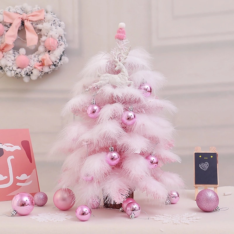 45CM Pink Feather Christmas Tree Set Blue Christmas Tree Decorative Ornaments Mini Christmas Tree New Year's Eve Decorative Desktop Decoration Holiday Creative Gift