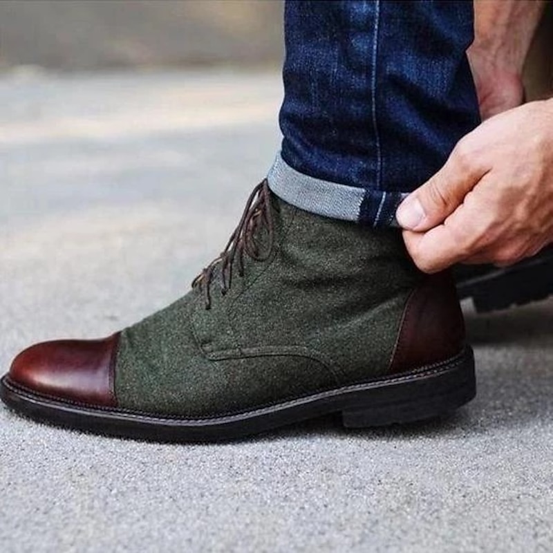 Men's Brown Leather and Denim Lace-Up Boots with Cap Toe and Rugged Sole | Stylish Vintage Ankle Boots4