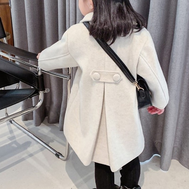 Kids Girls' Woolen Coat Long Sleeve Blue Beige Solid Color Fall Winter Active School 3-7 Years4