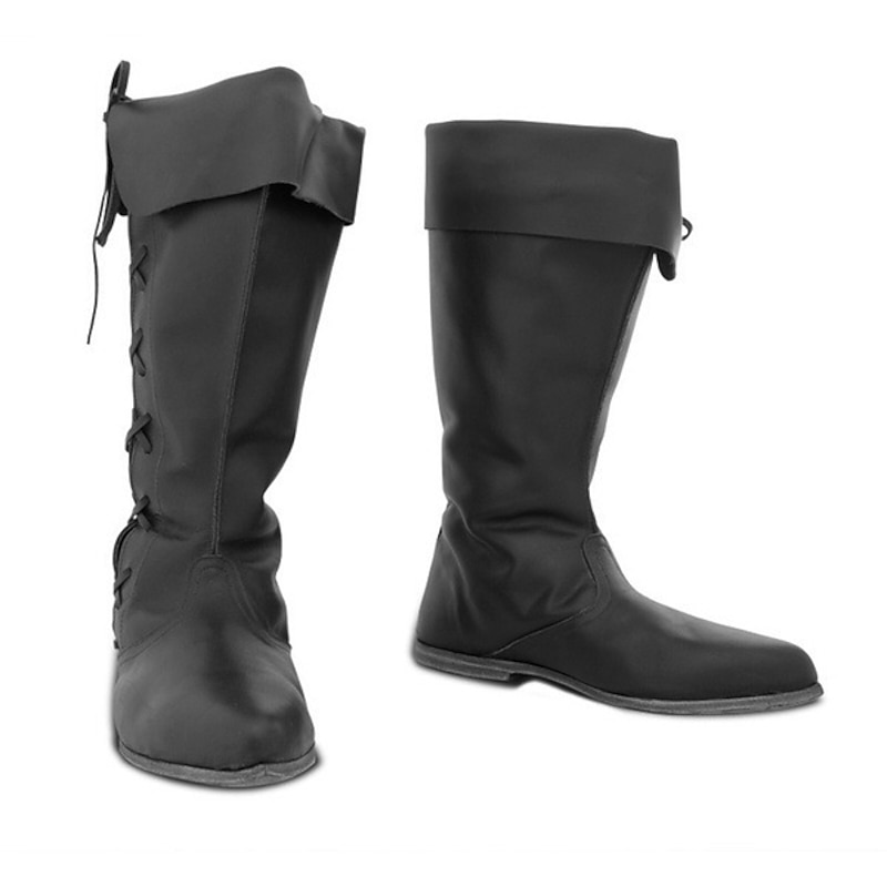 Men's Gothic Renaissance Style Black Fold-Over Knee-High Boots with Lace-Up Back, Ideal for Costume Parties and Medieval Reenactments2