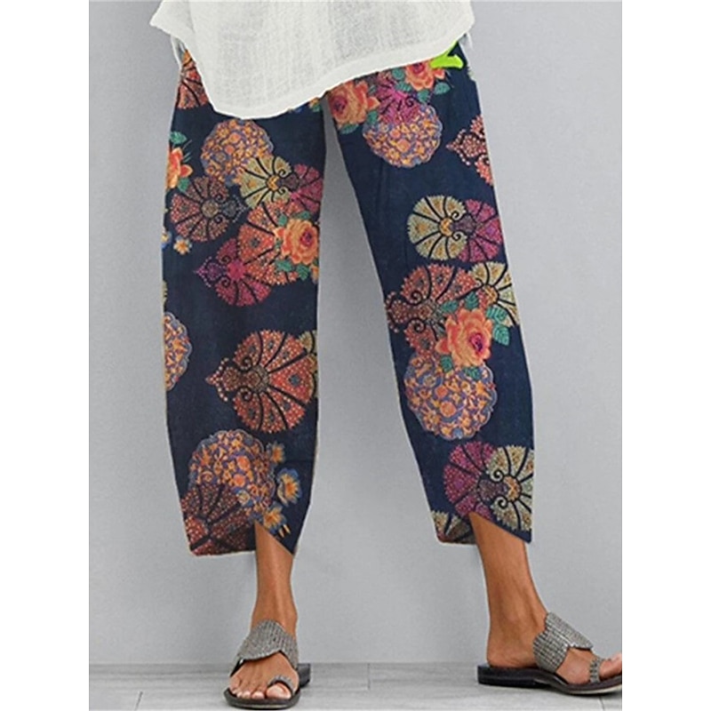 Women's Wide Leg Cotton Linen Pants Pants Trousers Vintage Ethnic Style Ethnic Ankle-Length High Waist Color Block Abstract Pocket Elastic Waist Print Comfort Breathability Soft Micro-elastic Casual 5