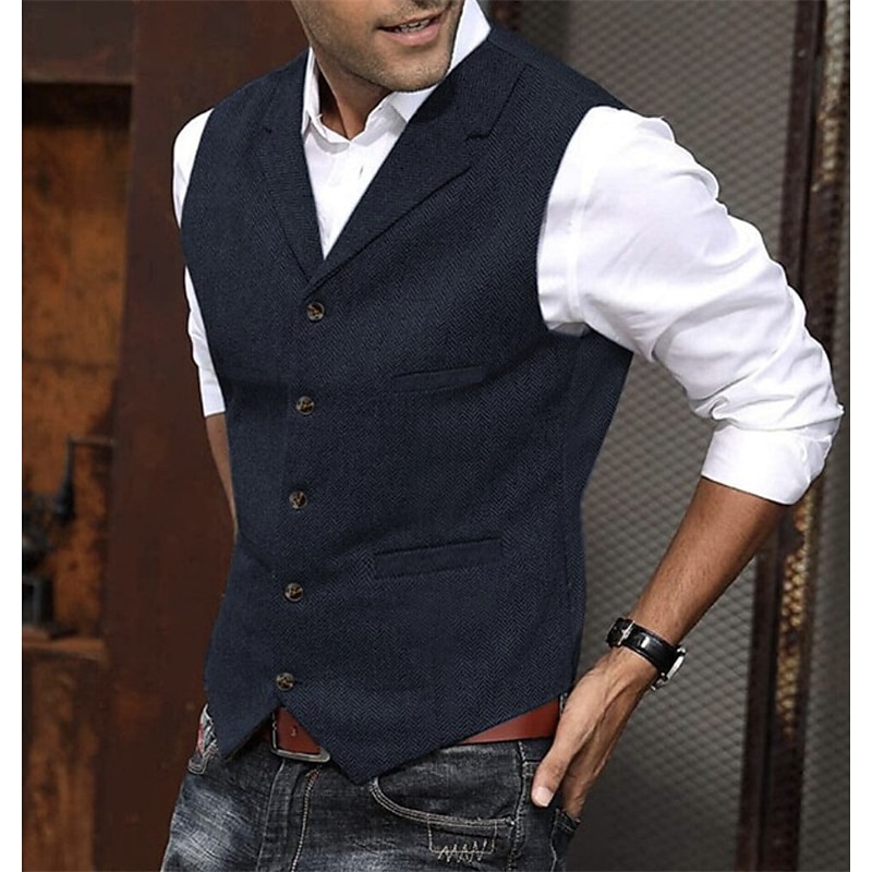 Men's Fashion Vest Herringbone Tailored Fit Notch Single Breasted Five-buttons Silver Black Red 20232