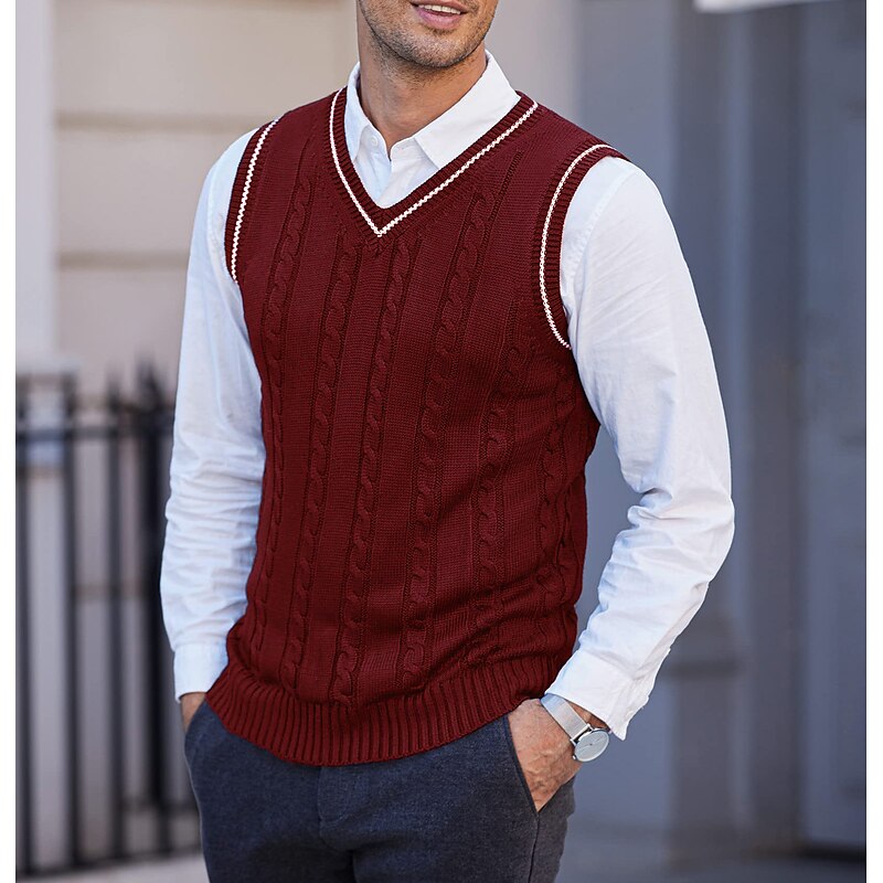 Men's Sweater Vest Pullover Sweater Jumper Cable Knit Layered Glitter Solid Color V Neck Ethnic Style Vintage Style Daily Drop Shoulder Winter Fall Black Blue S M L4