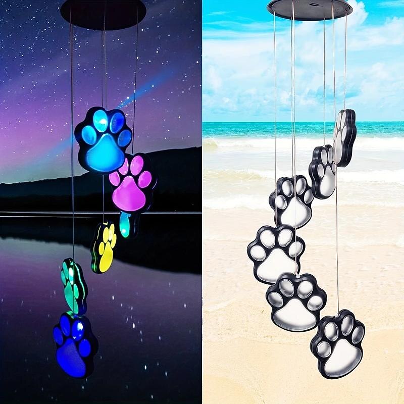 Solar Wind Chime Claw Print Lights, Outdoors Solar Hanging Lights, Solar Garden Light, Dog Footprints Decorated For Birthday Holiday Gifts, Waterproof Color-changing Wind Chime Plum Claw Prints Garden4