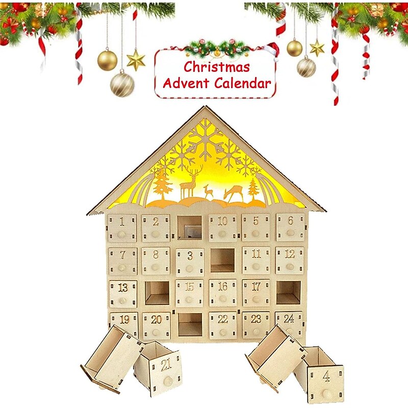 Christmas Advent Calendar for Filling, Advent Calendar House, Christmas Calendar, Christmas 24 Days Countdown Calendar Cabinet Wooden House, Modern Christmas Decoration3