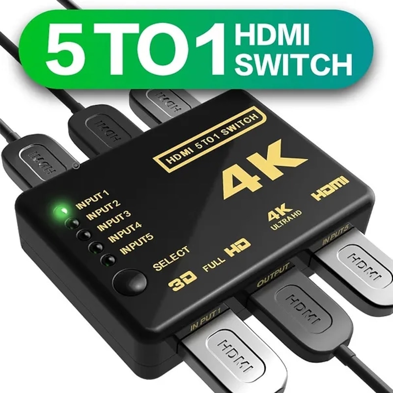 (5-In/1-Out) HDMI Switcher Supports 4K Ultra HD Resolution  Auto Switcher Box Audio/Video Adapter for TV Stick TV Box PC Stick Laptop Gaming Station Supports 4K Comes with IR Remote Control