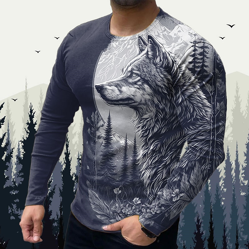 Men's Animal Wolf Graphic Prints T Shirt Graphic Tee Long Sleeve T shirt 3D Print Crew Neck Shirt Designer Basic Casual Outdoor Vacation Daily Black Yellow Blue Spring &  Fall Clothing Apparel S M L