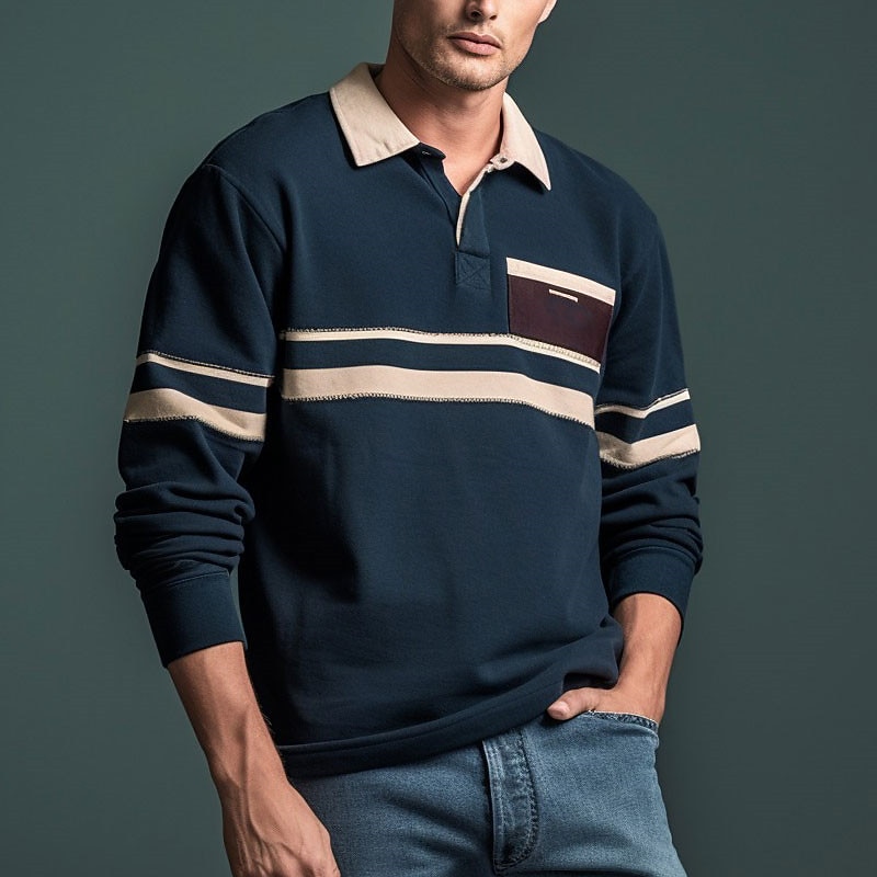 Men's Striped Rugby Polo Shirts Long Sleeve Polo Shirts Zip Casual Outdoor Casual Daily Streetwear 3D Print Fall & Winter Navy Blue Green Dark Blue4