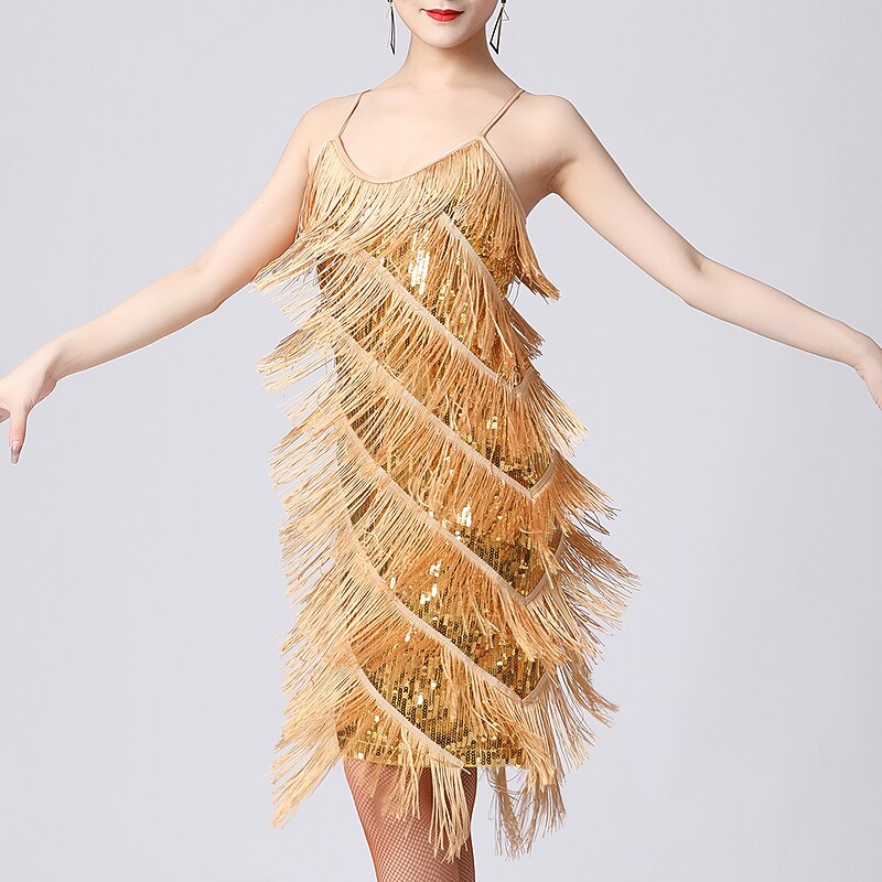 Latin Dance Dress Pure Color Splicing Paillette Women's Performance Training Sleeveless High Polyester