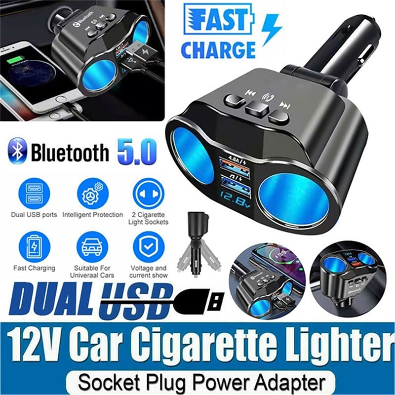 Bluetooth 5.0 Dual USB Car Charger - 4.8A Fast Charging Adapter, Cigarette Lighter Socket Splitter for Phone Charging