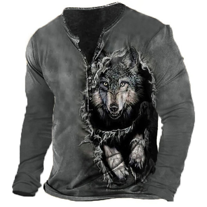 Men's Graphic Wolf Henley Shirt Long Sleeve 3D Print Fashion Daily Casual Casual Holiday Going out Spring &  Fall Green Army Green Dark Blue Dark Gray Henley Henley T-Shirt