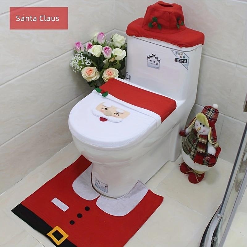 3pcs/ Set Christmas Santa Theme Bathroom Decoration, Includes Toilet Seat Cover, Rugs, Water Box Cover And Toilet Paper Box Cover Christmas Decoration