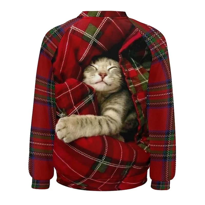 Women's Pullover  Sweatshirt  Plaid Cat Casual Sportswear Festival Round Neck Long Sleeve Top Micro-elastic Fall & Winter3