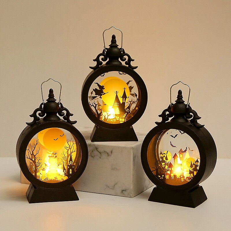 Halloween Lantern Indoor Outdoor LED Lantern Vintage Glass Hanging Lanterns for Home Garden Halloween Decorations