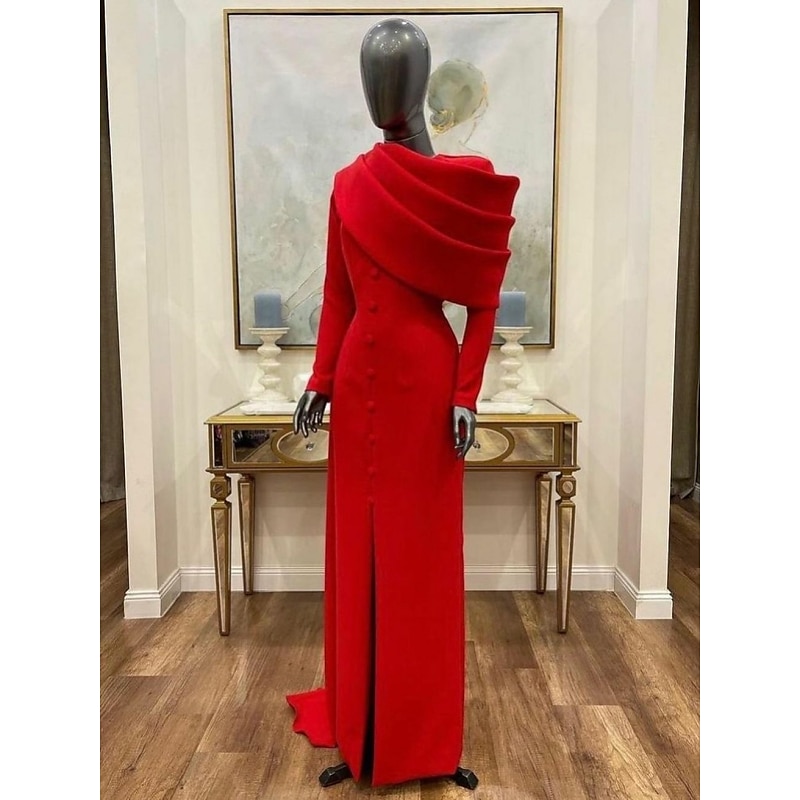 Sheath Chrismas Dress Evening Gown Elegant Cape Dress Formal Fall Sweep / Brush Train Long Sleeve Cowl Neck Stretch Fabric with Buttons Slit dress to impress stretch dress4