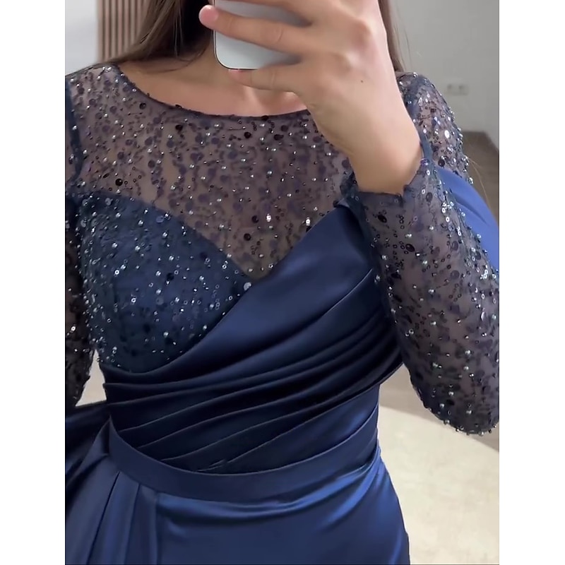 Mermaid Sequin Evening Gown Elegant Dress Formal Wedding Guest Court Train Long Sleeve Jewel Neck Charmeuse with Ruched Pearls Masquerade Dress3