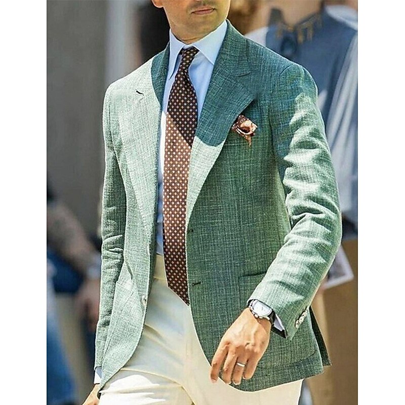 Men's Graduation Blazer Cocktail Attire Business Formal Evening Party & Evening Fashion Casual Spring &  Fall Polyester Plain Pocket Casual / Daily Single Breasted Blazer Green