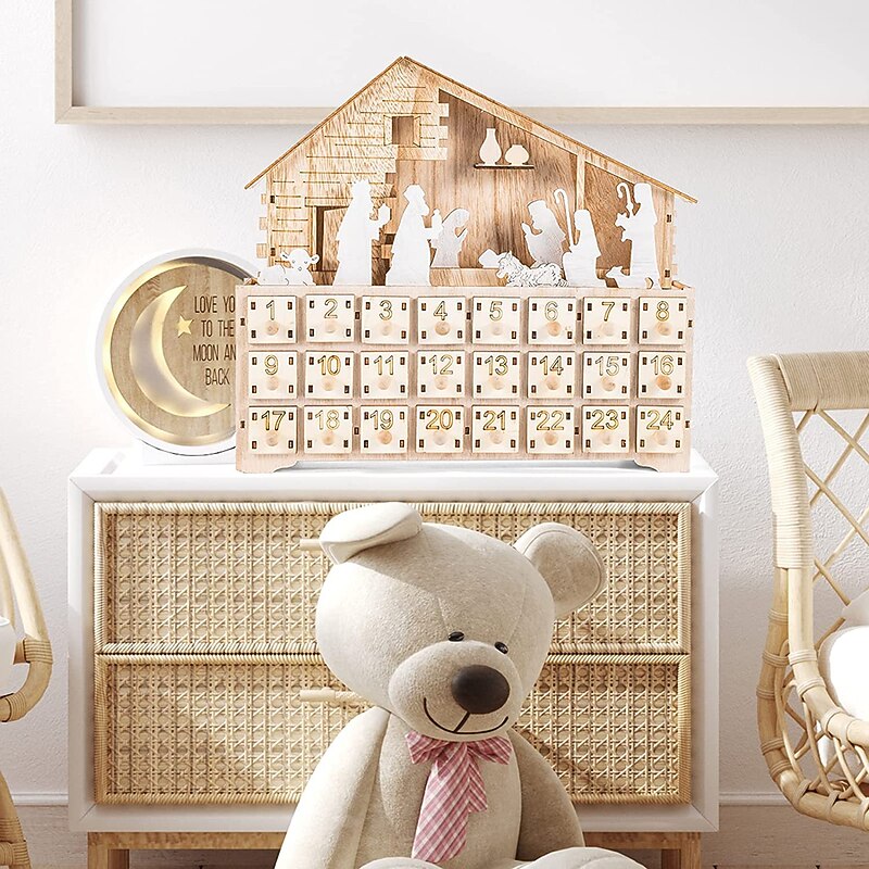 Christmas Wooden Advent Calendar House with 24 Drawers, Led Lights,Advent Calendar Ornament, Exquisite Interesting Christmas Advent Calenda for Holiday Decoration2