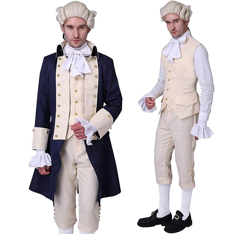 Set with Shirt Waistcoat Trench Coat Pants Colonial Wig 2*Wig Caps Men's Victorian Outfit Alexander Hamilto Retro Vintage Rococo 17th Century Cosplay Costume Halloween Masquerade Performance2