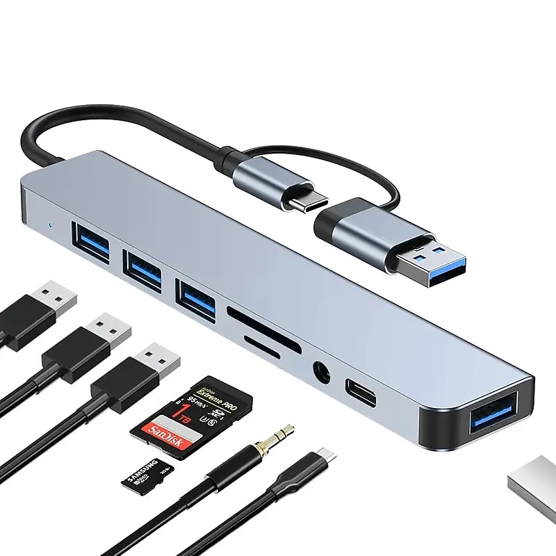 8 In 1 USB Hub Dual Purpose Hub With USB & Type C Interfaces 8-port USB C Hub With USB 3.0 USB 2.0 Micro SD/TF Card Reader Microphone/audio & Other Interfaces3