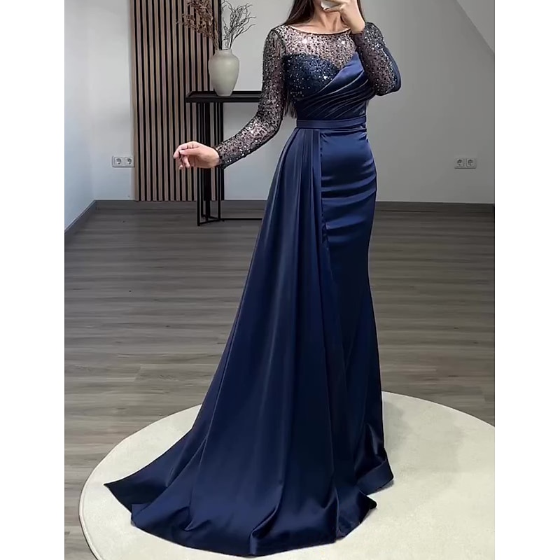 Mermaid Sequin Evening Gown Elegant Dress Formal Wedding Guest Court Train Long Sleeve Jewel Neck Charmeuse with Ruched Pearls Masquerade Dress