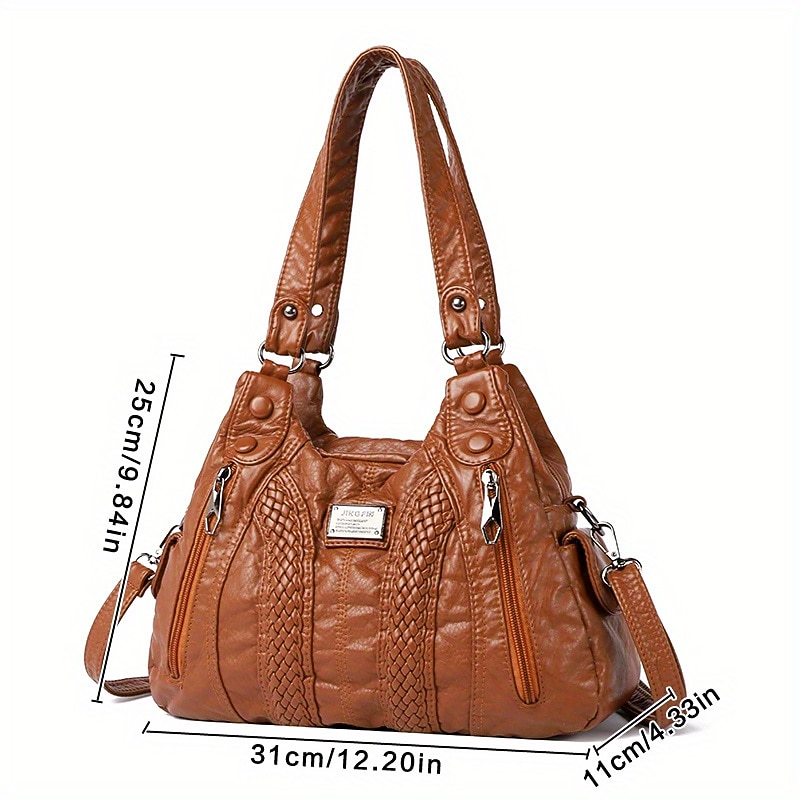 Women's Brown Quilted Faux Leather Handbag – Stylish Zippered Tote with Braided Detailing & Adjustable Strap for Work, Travel & Casual Outings2