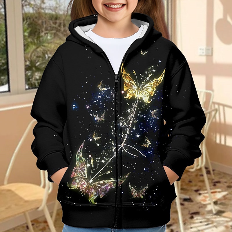 Girls' 3D Butterfly Hoodie Coat Outerwear Long Sleeve 3D Print Fall Winter Active Fashion Cute Kids 3-12 Years Outdoor Casual Daily Regular Fit2