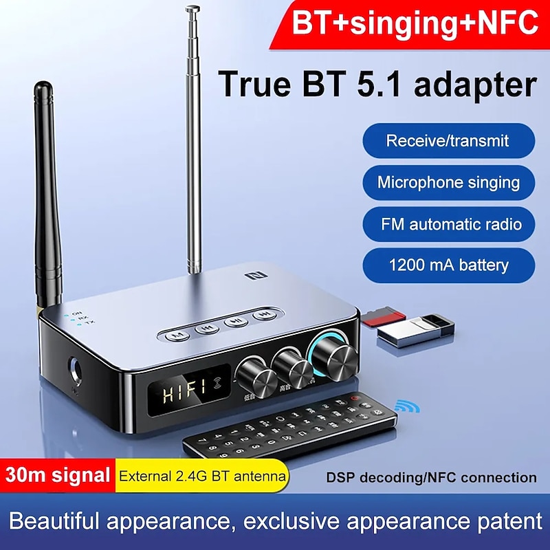 M9 Pro Bluetooth 5.1 Audio Receiver Transmitter 3.5mm Aux Wireless Music Adapter U Disk/TF Card FM Radio Player DAC Converter
