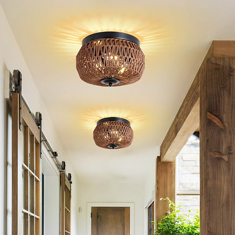 Boho Lamp Fixture Ceiling Light Rattan Mini Pendant Light Woven Rattan Ceiling Light for Small Bedroom Hallway Entry Kitchen Island Farmhouse Bathroom 110-240V