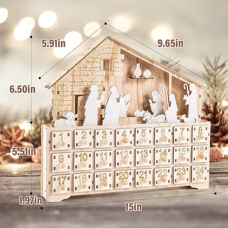 Christmas Wooden Advent Calendar House with 24 Drawers, Led Lights,Advent Calendar Ornament, Exquisite Interesting Christmas Advent Calenda for Holiday Decoration4