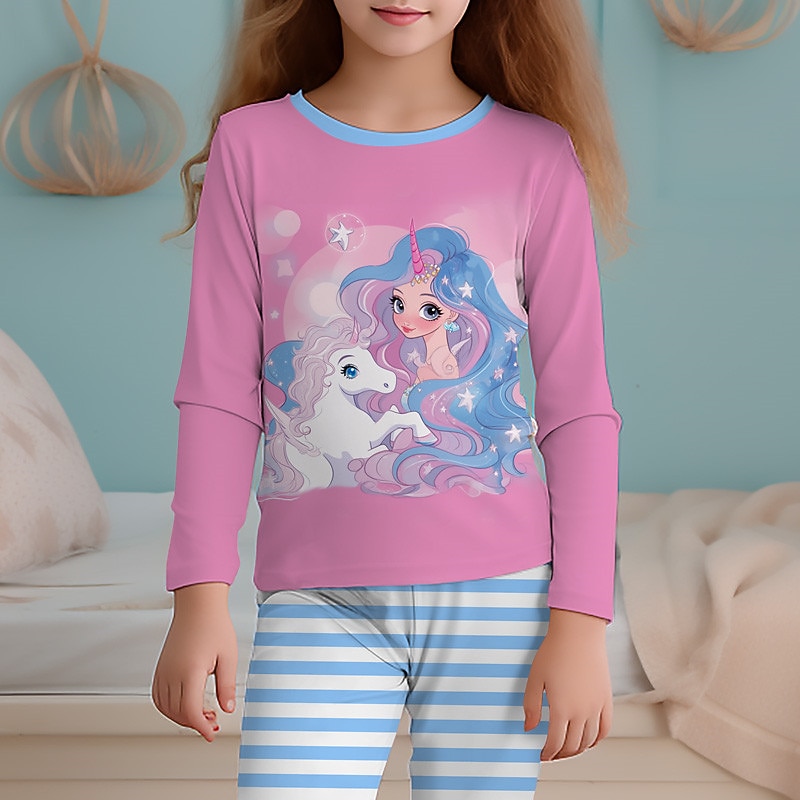 Girls' 3D Rainbow Unicorn Pajama Sets Long Sleeve 3D Print Fall Winter Active Fashion Cute Kids 4 years+ Crew Neck Home Causal Indoor Regular Fit