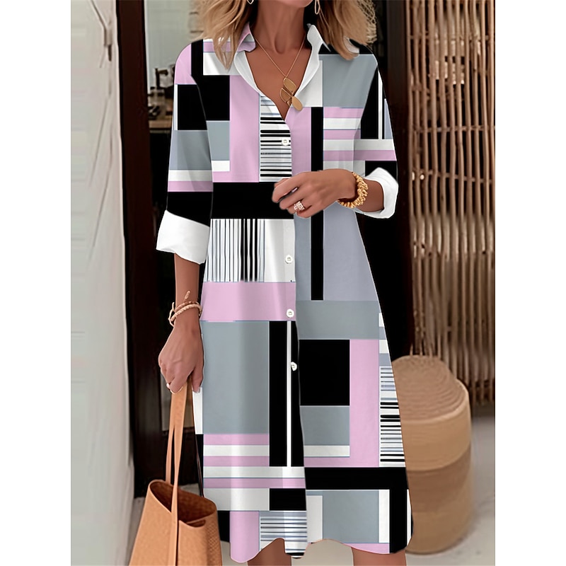 Women's Shirt Dress Casual Dress Outdoor Office Daily Fashion Modern Shirt Collar Button Pocket Long Sleeve Fall Winter Loose Fit Geometric Plaid Color Block