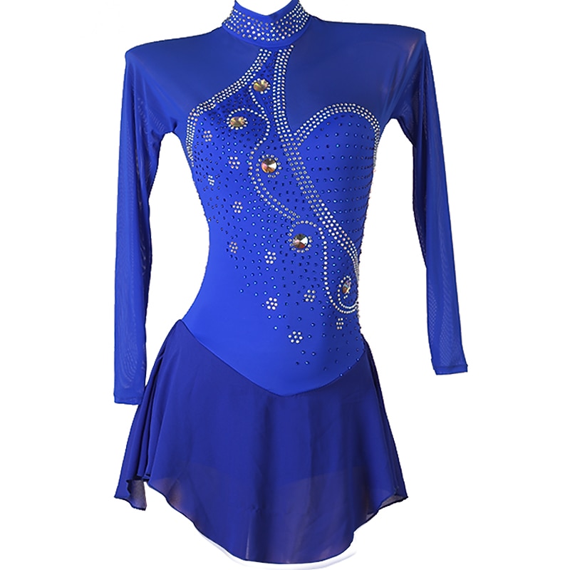 Figure Skating Dress Women's Girls' Ice Skating Dress Black Royal Blue Patchwork Mesh High Elasticity Training Competition Skating Wear Classic Crystal / Rhinestone Long Sleeve Ice Skating Figure - Main Image