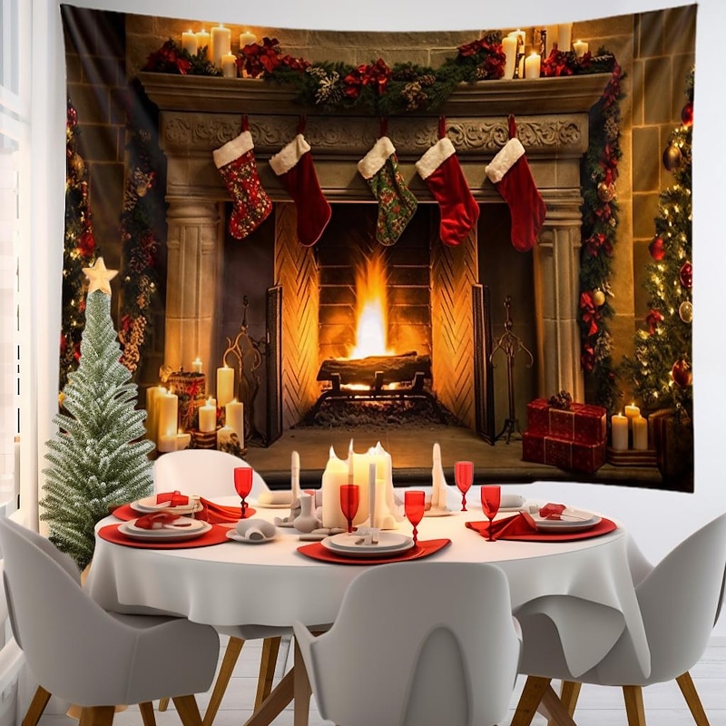Christmas Decorations Hanging Tapestry Christmas Stockings Xmas Fireplace Wall Art Large Tapestry Mural Decor Photograph Backdrop Blanket Curtain Home Bedroom Living Room Decoration 29