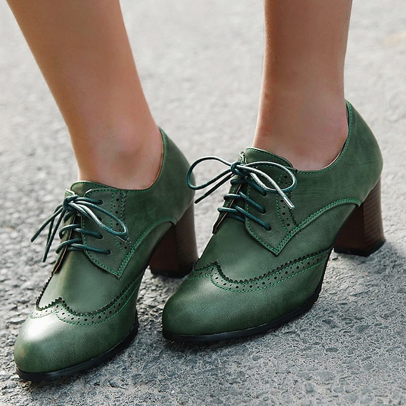 Women's Green Brogue Oxford Heels - Vintage Lace-Up Leather Shoes with Chunky Heel for Office and Casual Wear4