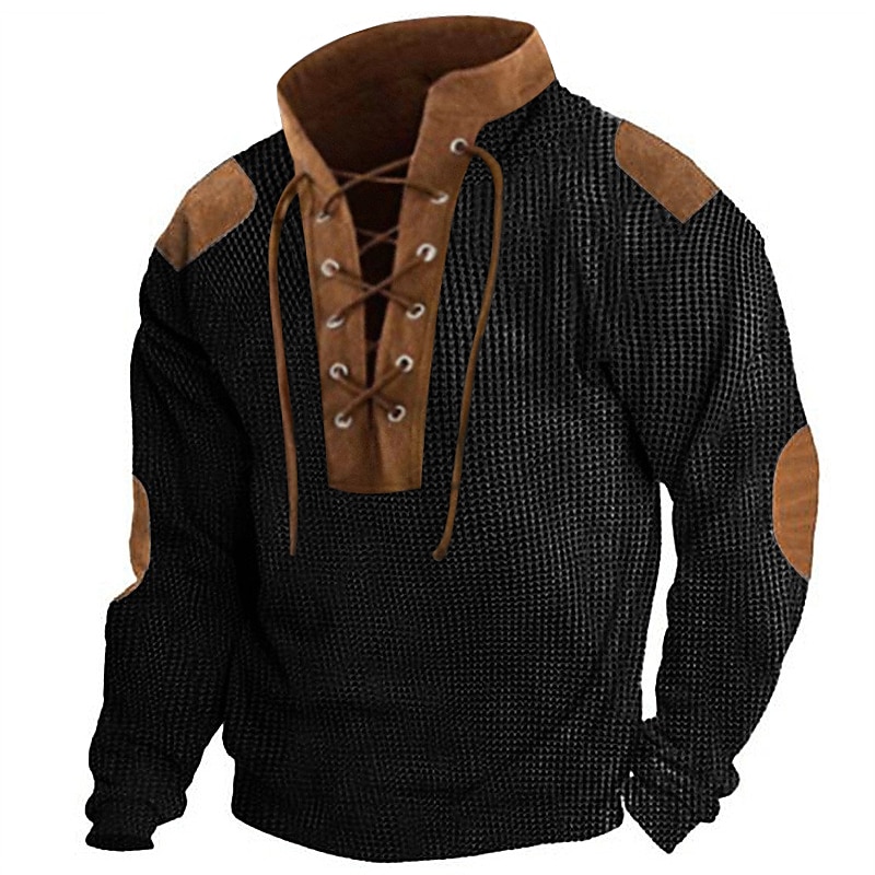 Men's T Shirt Waffle Knit Tee Tee Top Long Sleeve Shirt Long Sleeve Standing Collar Spring &  Fall Color Block National Flag Fashion Designer Basic Lace up Patchwork Vacation Street Going out Black3