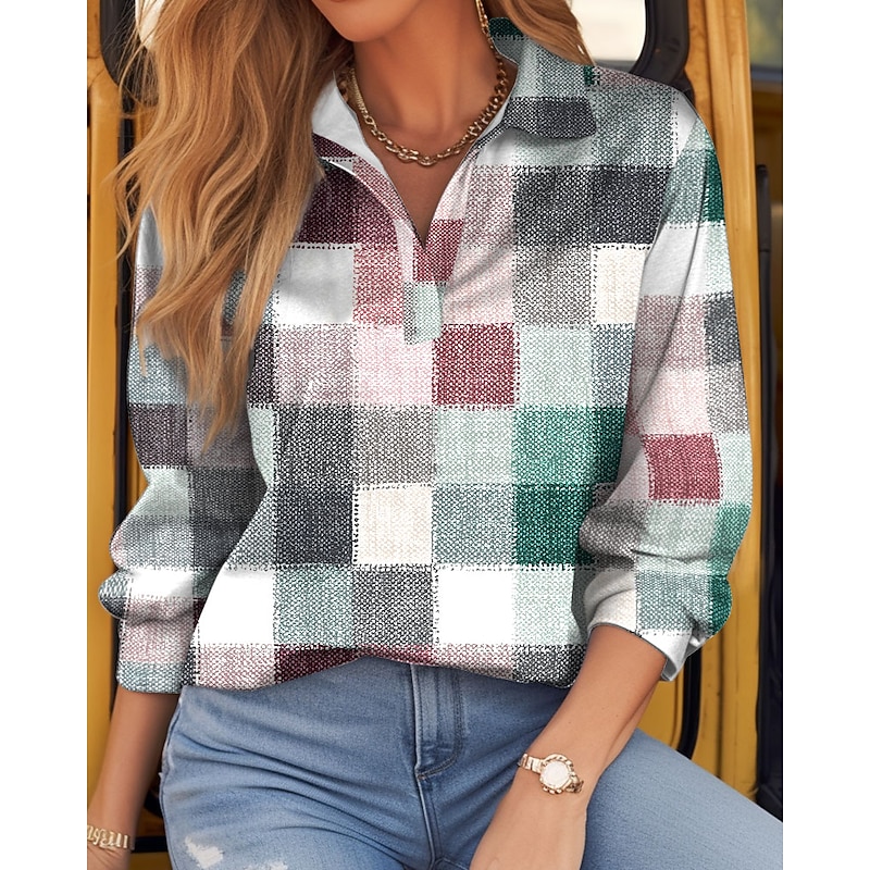 Women's T shirt Long Sleeve Plaid Basic Long Sleeve Shirt Collar Regular Tops Daily Weekend Print Light Green Red Green Khaki Gray Spring & Fall Prefall3