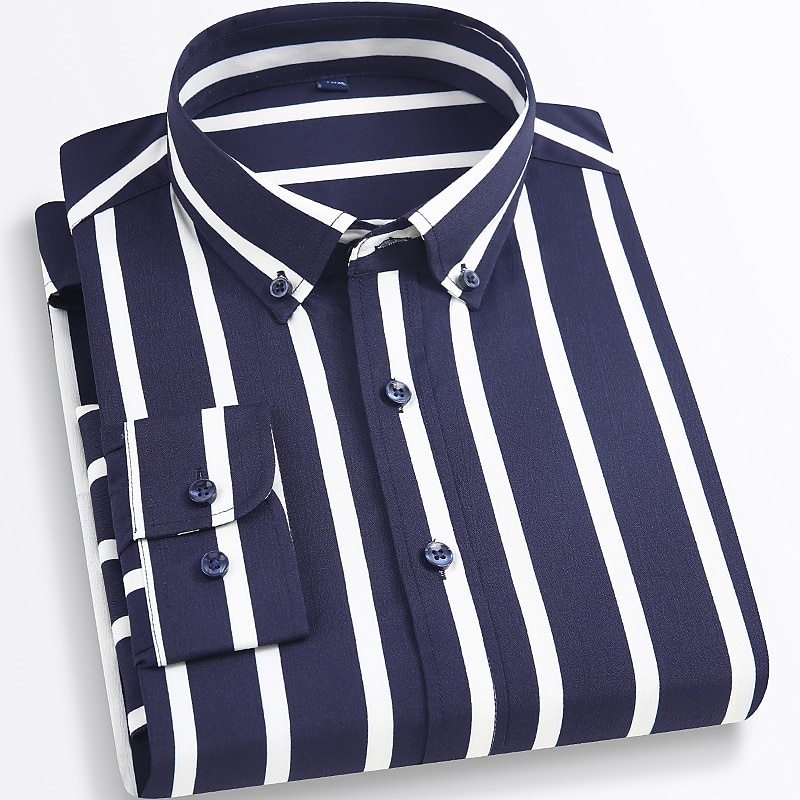 Men's Dress Shirt Button Down Shirt Non Iron Shirt Striped Shirt Stretch Stripe Wedding Office & Career Black White Yellow Dark Navy Long Sleeve Shirt Collar All Seasons Clothing Apparel Print