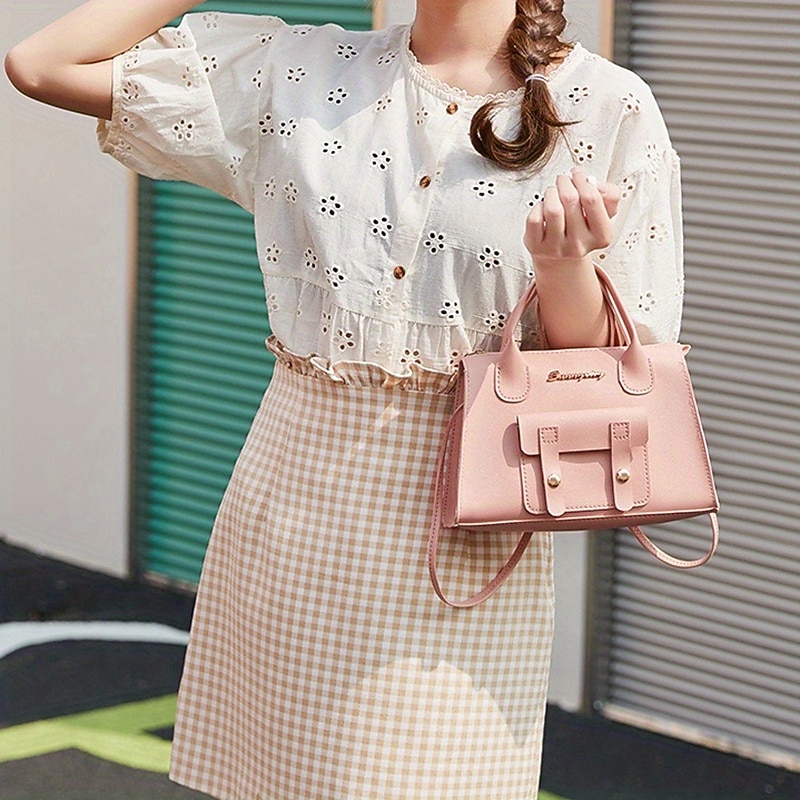 Women's White Faux Leather Handbag with Top Handle and Front Buckle Detail – Elegant Structured Satchel for Office, Travel, and Daily Use3