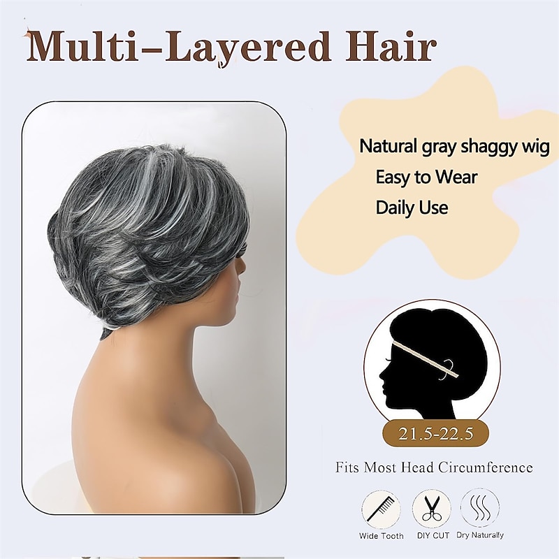 Short Dark Gray Bob Wigs Wavy Layered Bob Wig with Curtain Bangs for Women Synthetic Highlight Sliver Ombre Grey Bob Wig Pixie Cut Wig Gray Hair Wigs for Women Black Mixed Gray Wavy Wig4