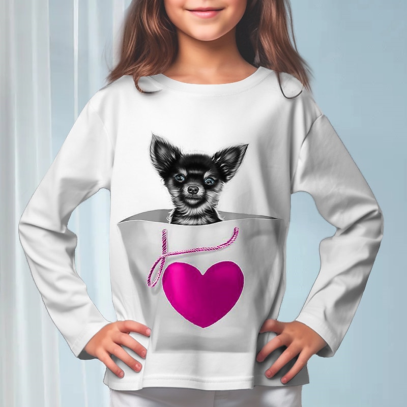 Girls' 3D Dog Tee Long Sleeve 3D Print Fall Winter Active Fashion Cute Polyester Kids 3-12 Years Crew Neck Outdoor Casual Daily Regular Fit3