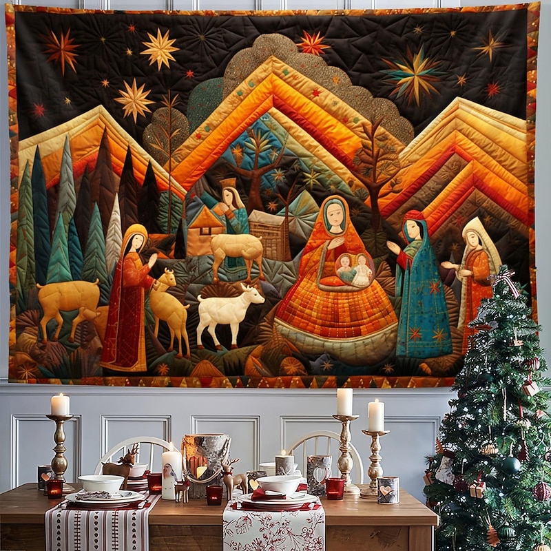 Christmas Decorations Nativity Scene Jesus Baptism Hanging Tapestry Quilting Pattern Wall Art Xmas Large Tapestry Mural Decor Photograph Backdrop Blanket Curtain Home Bedroom Living Room Decoration2
