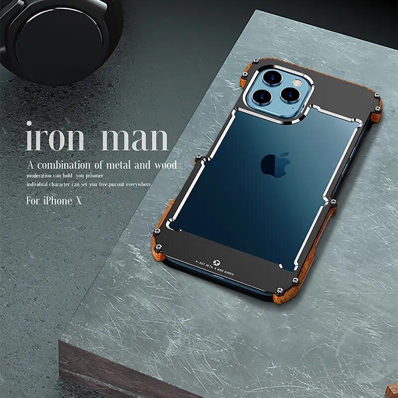Phone Case For iPhone 15 14 Pro Max Plus 13 12 11 Pro Max Bumper Frame 4 Corners Protection Solid Color Wooden Aluminum Alloy4