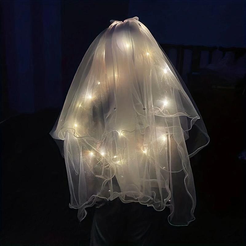 LED Luminous Head Veil Long 23.62inch Luminous Yarn Fairy Children's Ribbon Bow Veil With Light String Party Wedding Bride