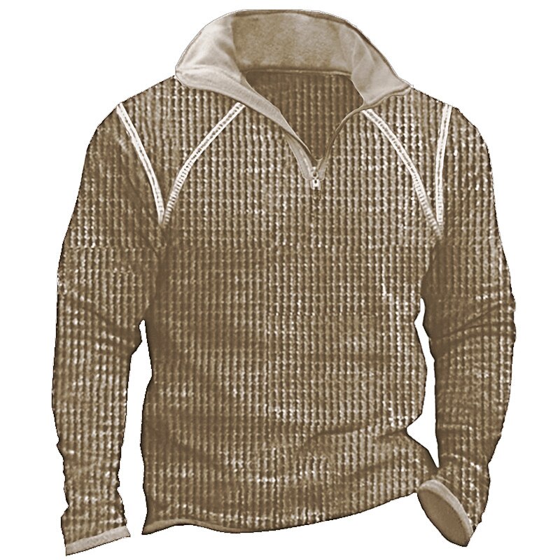 Men's Waffle Tee Waffle Shirt T Shirt Zip Half Shirt Long Sleeve Quarter Zip Spring &  Fall Plain Vintage Designer Basic Patchwork Vacation Street Going out Black khaki Army Green Top Tee for Men4