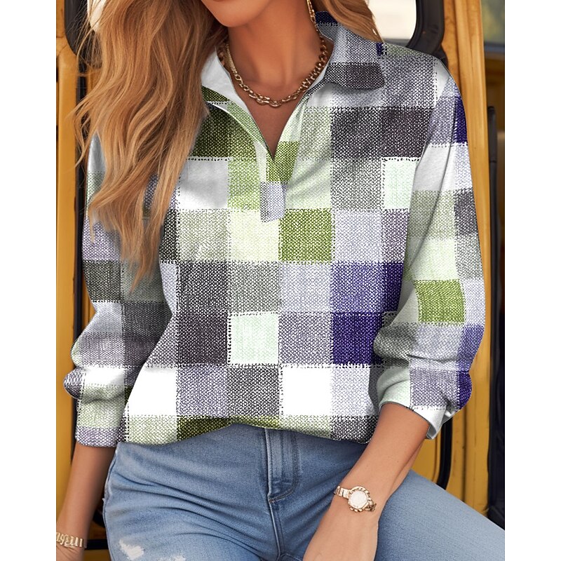 Women's T shirt Long Sleeve Plaid Basic Long Sleeve Shirt Collar Regular Tops Daily Weekend Print Light Green Red Green Khaki Gray Spring & Fall Prefall4