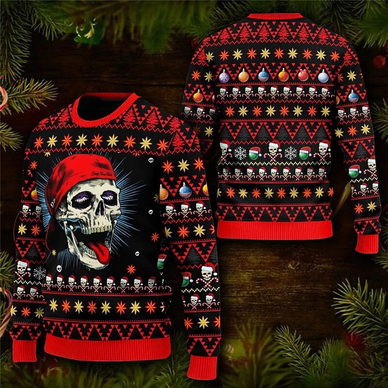Ugly Christmas Sweater Men's Xmas Pullover Sweaters Skull Gothic Knitting Print Jumper Knitwear New Years Eve Sweater Outdoor Daily Vacation Long Sleeve Crewneck Sweaters Wine2