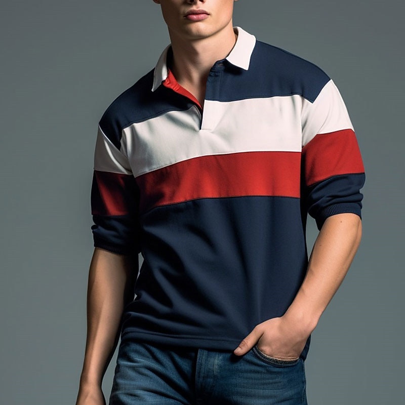 Men's Striped Rugby Polo Shirts Long Sleeve Polo Shirts Zip Casual Outdoor Casual Daily Streetwear 3D Print Fall & Winter Wine Red Navy Blue2
