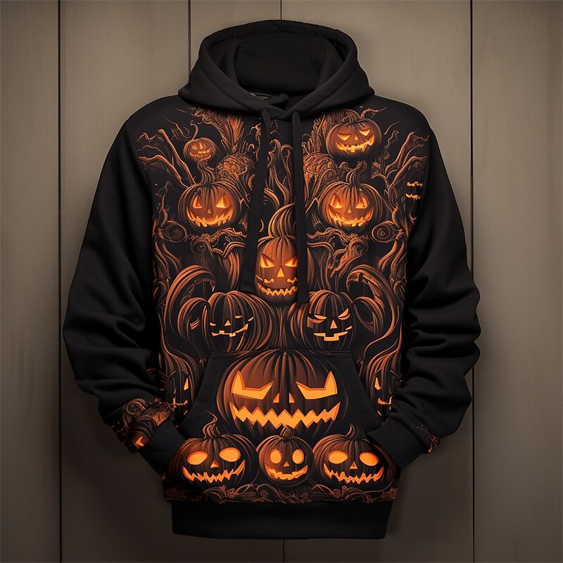 Men's Pumpkin Graphic Prints Hoodie Hoodies Sweatshirt Daily Classic Long Sleeve Hooded Halloween Holiday Going out Black Orange Print Spring &  Fall Designer4